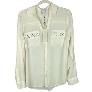 Rachel Zoe Casual White Button-Up Blouse with Metal Detail Size Large